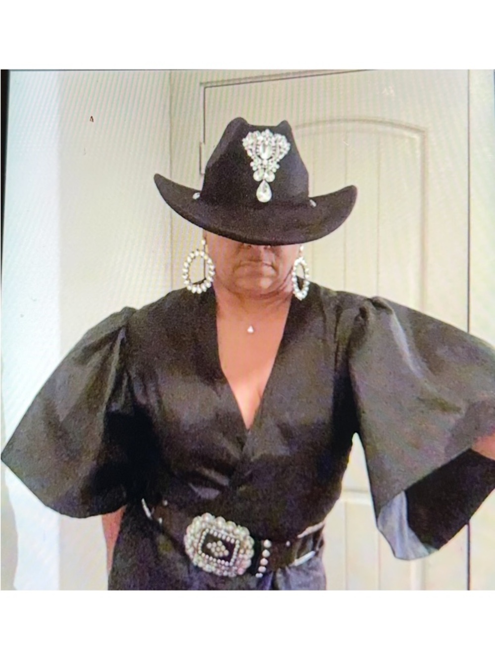 Black Puff-Sleeve V-Neck Dress with Embellished Belt & Hat